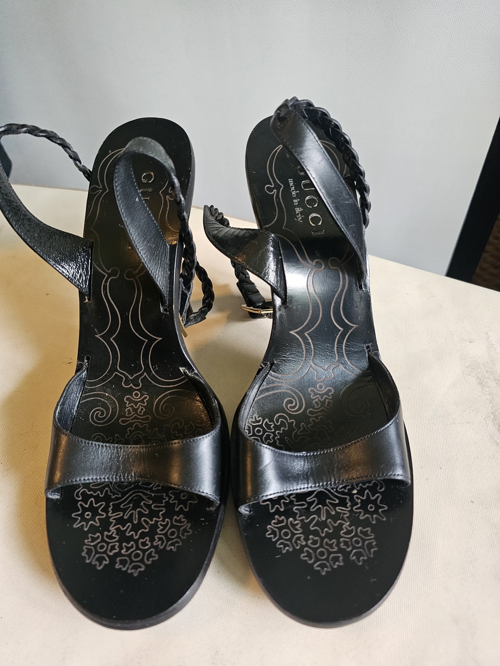 Gucci Black Leather Braided-Ankle Strap Heels